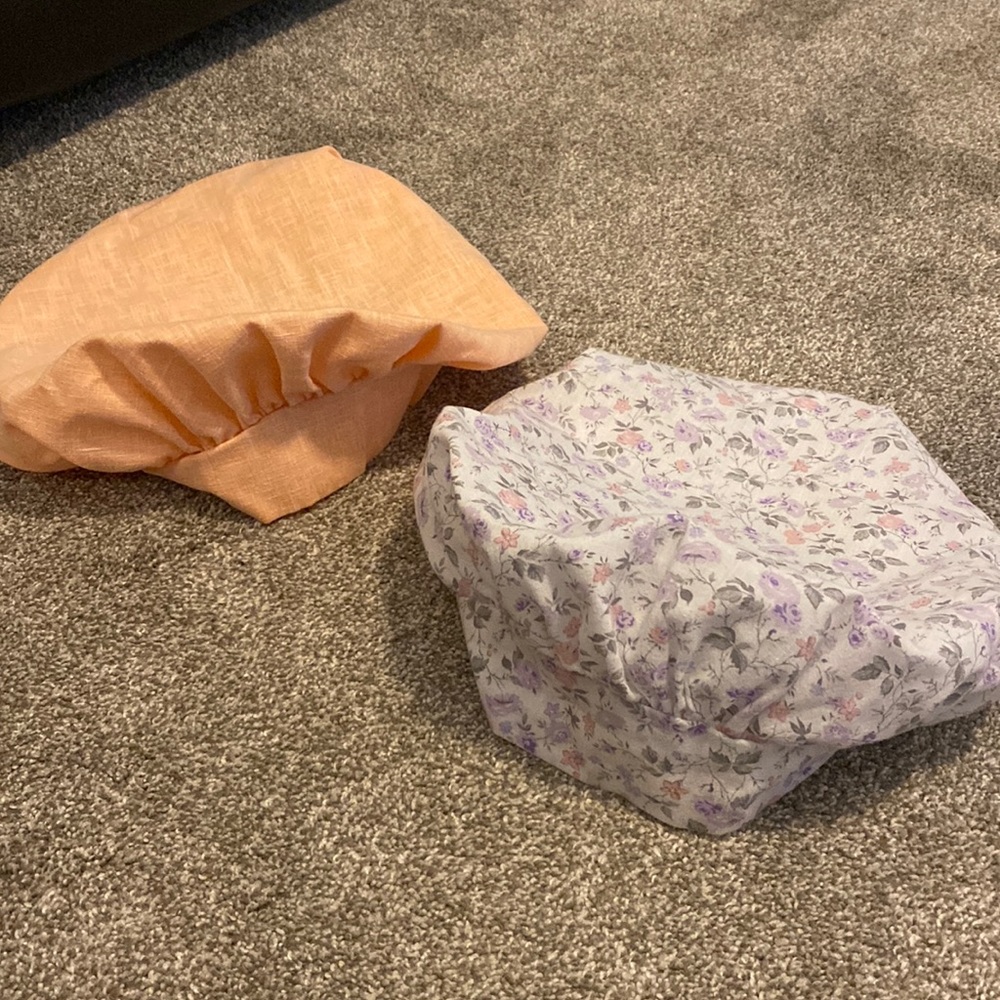 Set of 2 linen Womens scrub caps peach floral bouffant hats homemade purple